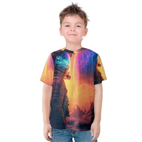 Illustration Trippy Psychedelic Astronaut Landscape Planet Mountains Kids  Cotton T-shirt by Sarkoni