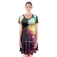 Tropical Forest Jungle Ar Colorful Midjourney Spectrum Trippy Psychedelic Nature Trees Pyramid Short Sleeve V-neck Flare Dress by Sarkoni