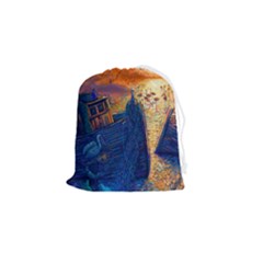 Digital Art Fantasy Impressionism Painting Ship Boat Psychedelic Peacock Mushroom Flamingos Hipwreck Drawstring Pouch (small) by Sarkoni