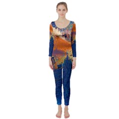 Digital Art Fantasy Impressionism Painting Ship Boat Psychedelic Peacock Mushroom Flamingos Hipwreck Long Sleeve Catsuit by Sarkoni