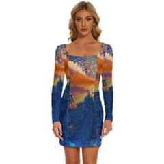 Digital Art Fantasy Impressionism Painting Ship Boat Psychedelic Peacock Mushroom Flamingos Hipwreck Long Sleeve Square Neck Bodycon Velvet Dress by Sarkoni