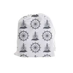Marine Nautical Seamless Pattern With Vintage Lighthouse Wheel Drawstring Pouch (large) by Bedest
