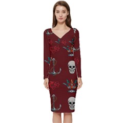 Tattoo Old School Background Pattern Long Sleeve V-neck Bodycon Dress  by Bedest