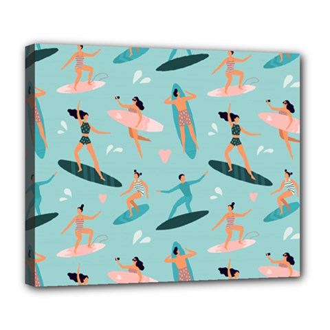 Beach Surfing Surfers With Surfboards Surfer Rides Wave Summer Outdoors Surfboards Seamless Pattern Deluxe Canvas 24  X 20  (stretched) by Bedest