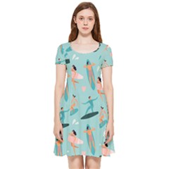 Beach Surfing Surfers With Surfboards Surfer Rides Wave Summer Outdoors Surfboards Seamless Pattern Inside Out Cap Sleeve Dress by Bedest