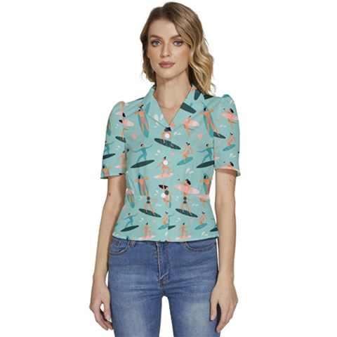 Beach Surfing Surfers With Surfboards Surfer Rides Wave Summer Outdoors Surfboards Seamless Pattern Puffed Short Sleeve Button Up Jacket by Bedest