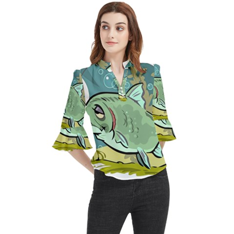 Fish Hook Worm Bait Water Hobby Loose Horn Sleeve Chiffon Blouse by Sarkoni