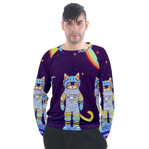 Cat Astronaut Space Retro Universe Men s Long Sleeve Raglan T-shirt by Bedest