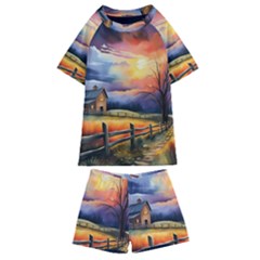 Rural Farm Fence Pathway Sunset Kids  Swim T-shirt And Shorts Set by Bedest