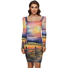 Rural Farm Fence Pathway Sunset Women Long Sleeve Ruched Stretch Jersey Dress by Bedest