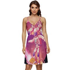 Astronaut Spacesuit Standing Surfboard Surfing Milky Way Stars V-neck Pocket Summer Dress  by Ndabl3x