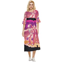 Astronaut Spacesuit Standing Surfboard Surfing Milky Way Stars Double Cuff Midi Dress by Ndabl3x