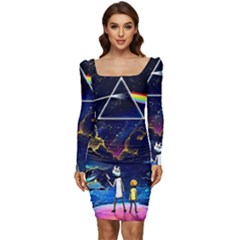 Trippy Kit Rick And Morty Galaxy Pink Floyd Women Long Sleeve Ruched Stretch Jersey Dress by Bedest