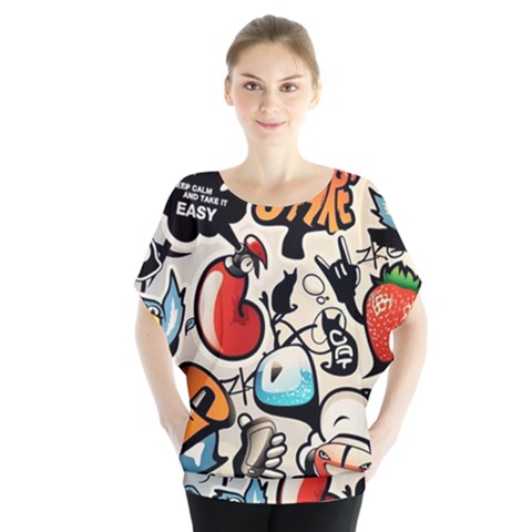 Art Book Gang Crazy Graffiti Supreme Work Batwing Chiffon Blouse by Bedest