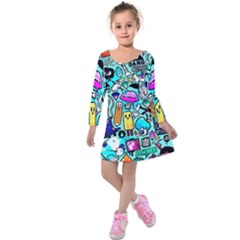 Graffiti Pop Art Crazy Retro Kids  Long Sleeve Velvet Dress by Bedest