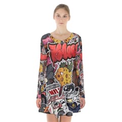 Stickerbomb Crazy Graffiti Graphite Monster Long Sleeve Velvet V-neck Dress by Bedest
