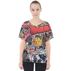 Stickerbomb Crazy Graffiti Graphite Monster V-neck Dolman Drape Top by Bedest