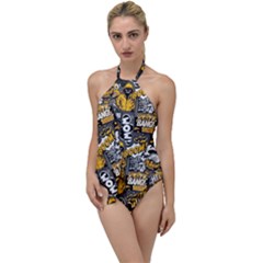 Boom Bang Art Crazy Drawing Graffiti Hello Retro Sayings Yellow Go With The Flow One Piece Swimsuit by Bedest