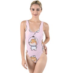 Set Kawaii Smile Japanese Dog Akita Inu Cartoon High Leg Strappy Swimsuit by Hannah976
