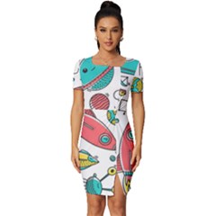Space Cosmos Seamless Pattern Seamless Pattern Doodle Style Fitted Knot Split End Bodycon Dress by Hannah976