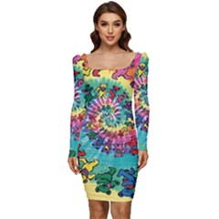 Grateful Dead Bears Tie Dye Vibrant Spiral Women Long Sleeve Ruched Stretch Jersey Dress by Bedest