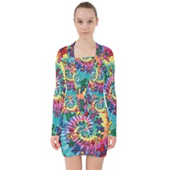 Grateful Dead Bears Tie Dye Vibrant Spiral V-neck Bodycon Long Sleeve Dress by Bedest