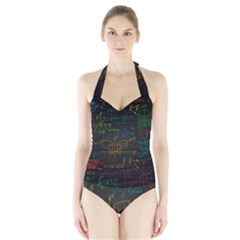 Mathematical Colorful Formulas Drawn By Hand Black Chalkboard Halter Swimsuit by Ravend