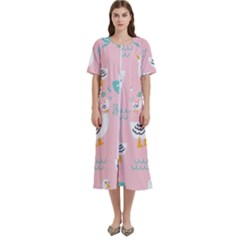 Cute Owl Doodles With Moon Star Seamless Pattern Women s Cotton Short Sleeve Night Gown by Apen