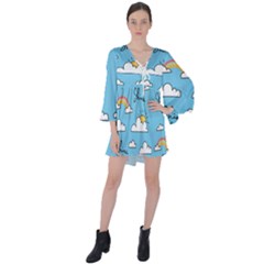 Sky Pattern V-neck Flare Sleeve Mini Dress by Apen