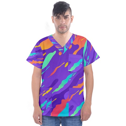 Multicolored Abstract Background Men s V-neck Scrub Top by Apen
