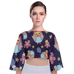 Owl Stars Pattern Background Tie Back Butterfly Sleeve Chiffon Top by Apen