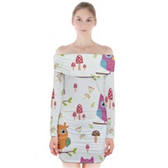 Forest Seamless Pattern With Cute Owls Long Sleeve Off Shoulder Dress by Apen