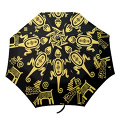Mexican Culture Golden Tribal Icons Folding Umbrellas by Apen