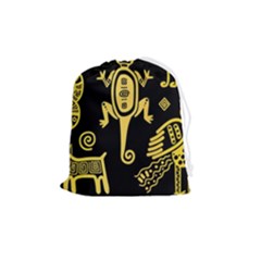 Mexican Culture Golden Tribal Icons Drawstring Pouch (medium) by Apen
