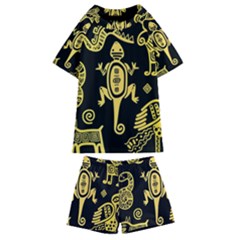 Mexican Culture Golden Tribal Icons Kids  Swim T-shirt And Shorts Set by Apen