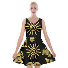 Maya Style Gold Linear Totem Icons Velvet Skater Dress by Apen