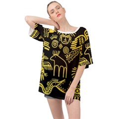 Golden Indian Traditional Signs Symbols Oversized Chiffon Top by Apen