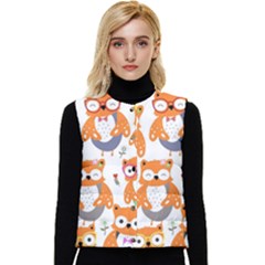 Cute Colorful Owl Cartoon Seamless Pattern Women s Button Up Puffer Vest by Apen