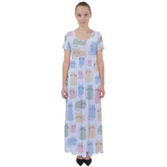 Cute Cat Colorful Cartoon Doodle Seamless Pattern High Waist Short Sleeve Maxi Dress by Ravend