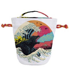 Retro Wave Kaiju Godzilla Japanese Pop Art Style Drawstring Bucket Bag by Cendanart