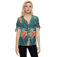 Green Tropical Leaves Bow Sleeve Button Up Top by Jack14