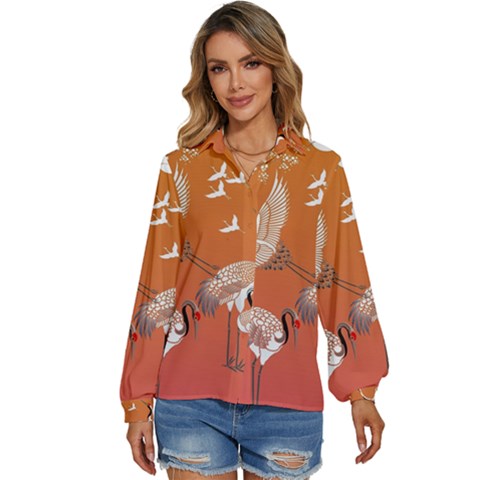 Japanese Crane Painting Of Birds Women s Long Sleeve Button Up Shirt by Cendanart
