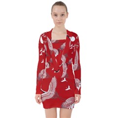 Japanese Crane Bird Art V-neck Bodycon Long Sleeve Dress by Cendanart