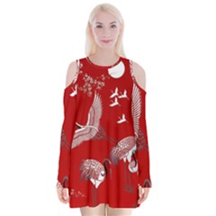 Japanese Crane Bird Art Velvet Long Sleeve Shoulder Cutout Dress by Cendanart