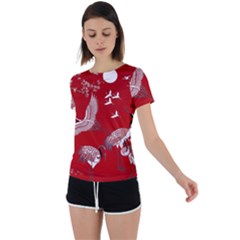 Japanese Crane Bird Art Back Circle Cutout Sports T-shirt by Cendanart