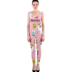 Corgi Bubble Boba Tea Pink Pattern One Piece Catsuit by Cendanart