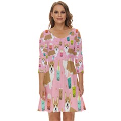 Corgi Bubble Boba Tea Pink Pattern Shoulder Cut Out Zip Up Dress by Cendanart