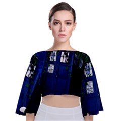 Stuck Tardis Beach Doctor Who Police Box Sci-fi Tie Back Butterfly Sleeve Chiffon Top by Cendanart