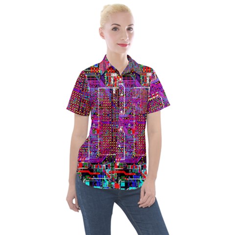 Technology Circuit Board Layout Pattern Women s Short Sleeve Pocket Shirt by Ket1n9