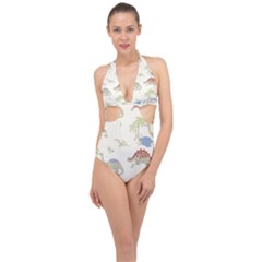 Dinosaur Art Pattern Halter Front Plunge Swimsuit by Ket1n9